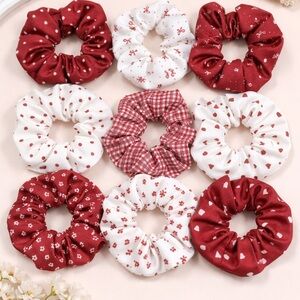 9-Piece Burgundy & White Scrunchie Set – Floral, Plaid & Heart